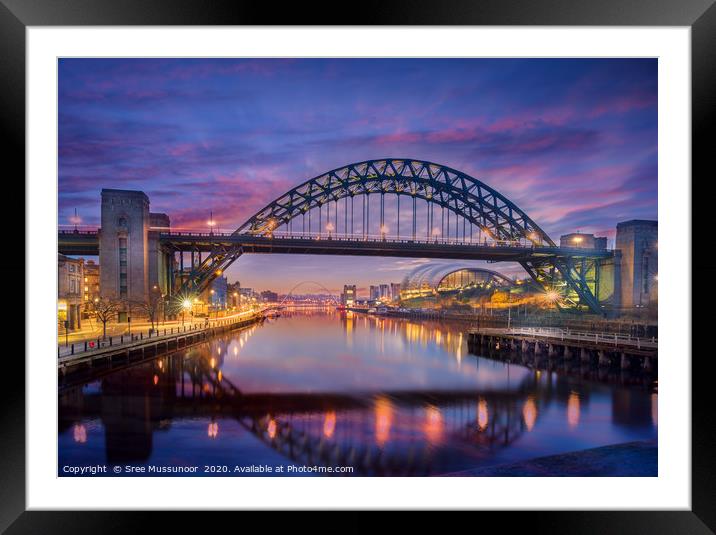 Newcastle Tyne bridge and Gateshead quayside Framed Mounted Print by Sree Mussunoor