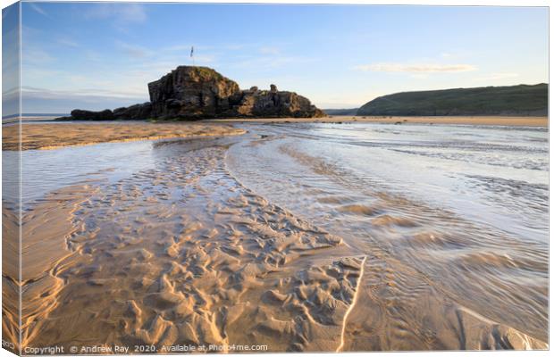 Sand patterns and Chapel Rock (Perranporth) Canvas Print by Andrew Ray