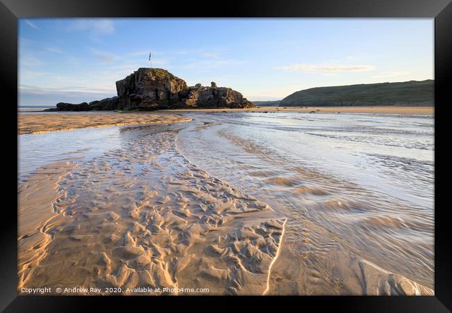 Sand patterns and Chapel Rock (Perranporth) Framed Print by Andrew Ray