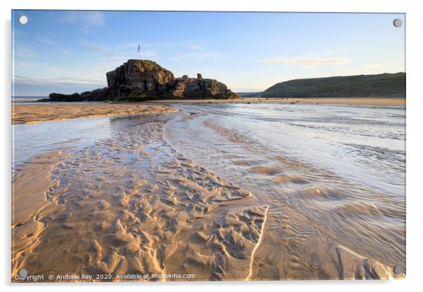 Sand patterns and Chapel Rock (Perranporth) Acrylic by Andrew Ray
