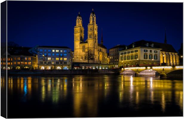 Grossmunster Church At Blue Hour In Zurich Canvas Print by Chris Lord