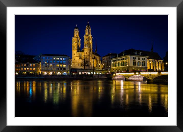 Grossmunster Church At Blue Hour In Zurich Framed Mounted Print by Chris Lord