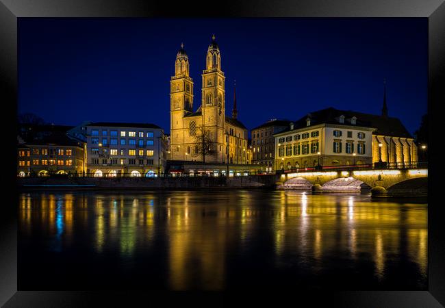 Grossmunster Church At Blue Hour In Zurich Framed Print by Chris Lord