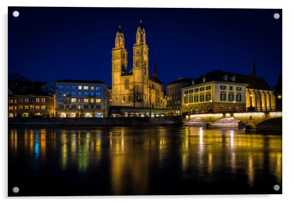 Grossmunster Church At Blue Hour In Zurich Acrylic by Chris Lord