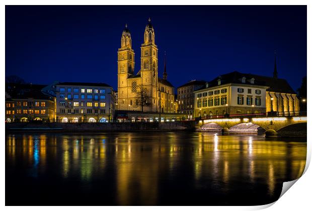 Grossmunster Church At Blue Hour In Zurich Print by Chris Lord