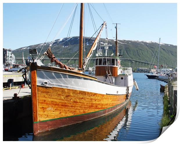 Wooden fishing boat in Tromso Print by chris hyde