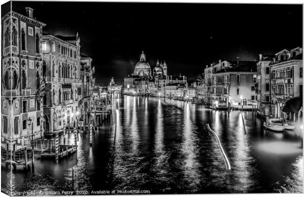 Black White Grand Canal Salut Church Night Venice  Canvas Print by William Perry