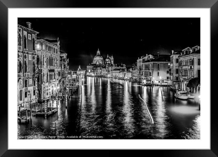Black White Grand Canal Salut Church Night Venice  Framed Mounted Print by William Perry