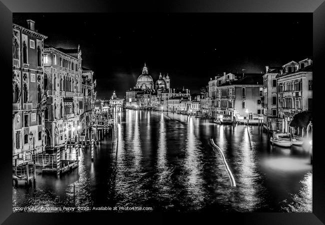 Black White Grand Canal Salut Church Night Venice  Framed Print by William Perry