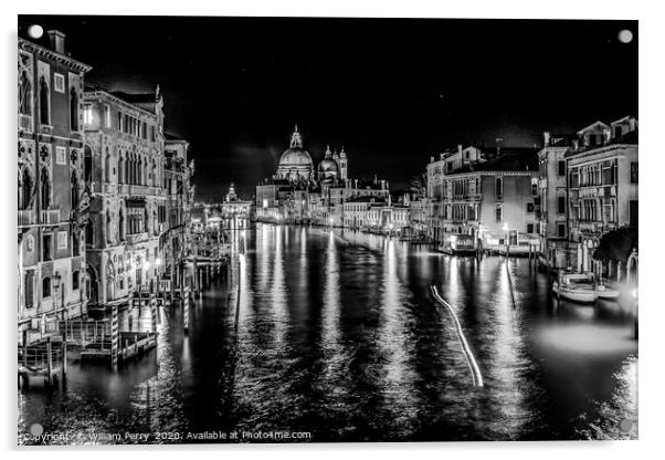 Black White Grand Canal Salut Church Night Venice  Acrylic by William Perry