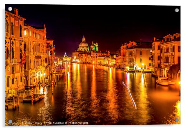 Colorful Grand Canal Salut Church Night Venice Ita Acrylic by William Perry