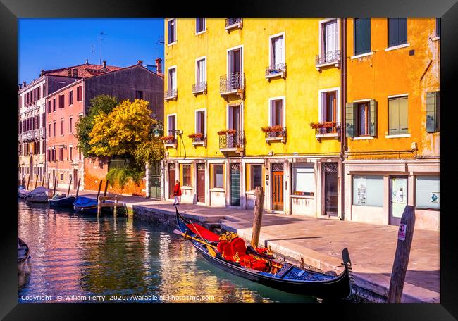 Colorful Canal Gondola Venice Italy Framed Print by William Perry