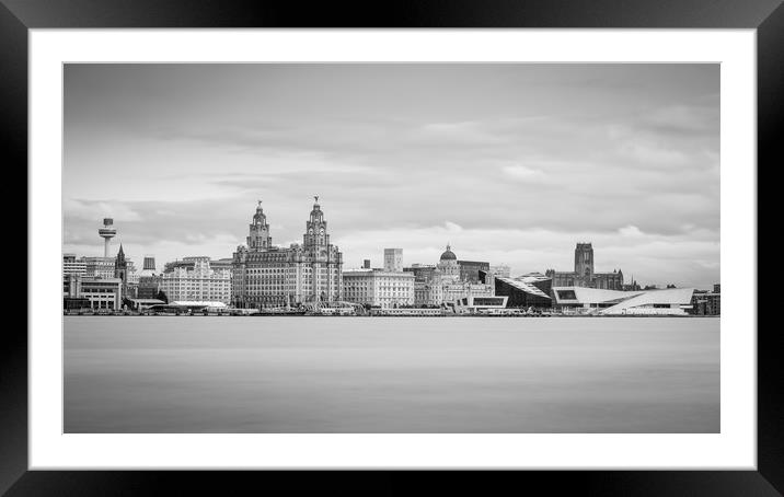 Letterbox crop of the Liverpool skyline in monochr Framed Mounted Print by Jason Wells