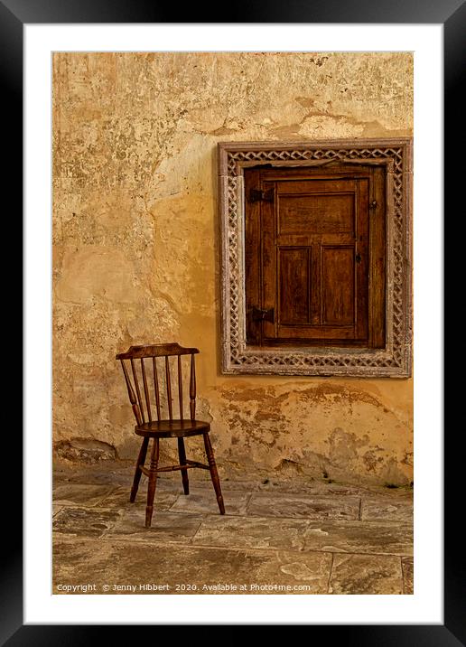 Chair and little door in Abbey Dore Framed Mounted Print by Jenny Hibbert