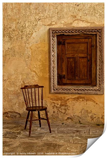 Chair and little door in Abbey Dore Print by Jenny Hibbert