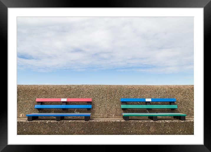 Pair of colourful benches on Wallasey promenade Framed Mounted Print by Jason Wells