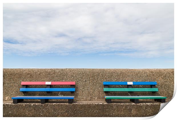 Pair of colourful benches on Wallasey promenade Print by Jason Wells