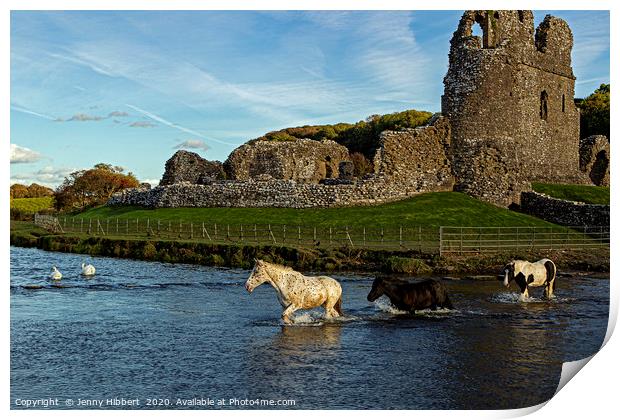 Horses crossing river at Ogmore Castle Print by Jenny Hibbert