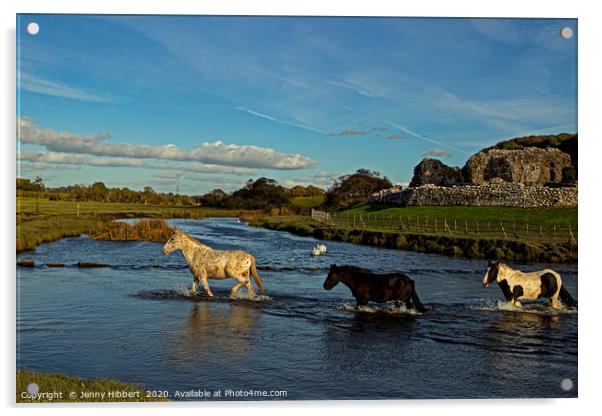 Horses evening crossing at Ogmore ruins Acrylic by Jenny Hibbert