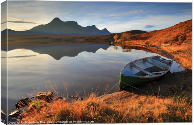 Boat in morning light (Loch Hakel) Canvas Print by Andrew Ray