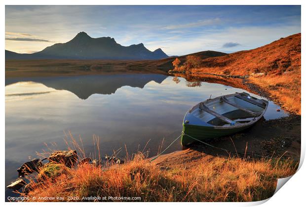 Boat in morning light (Loch Hakel) Print by Andrew Ray