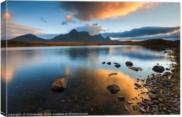 Reflections of sunset (Loch Hakel) Canvas Print by Andrew Ray