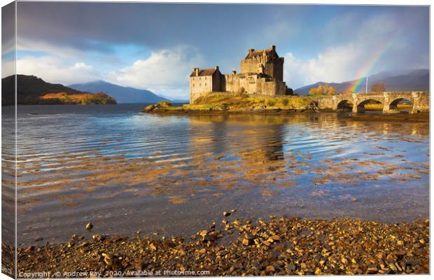 Rainbow at Eilean Donan Castle Canvas Print by Andrew Ray