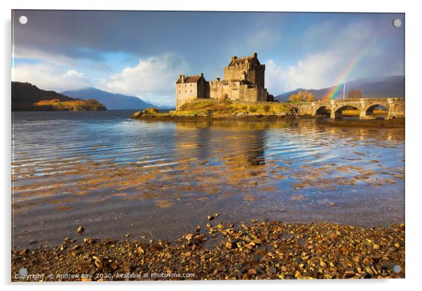 Rainbow at Eilean Donan Castle Acrylic by Andrew Ray