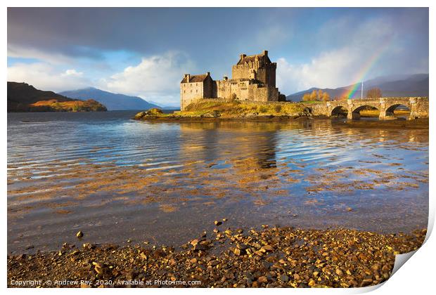 Rainbow at Eilean Donan Castle Print by Andrew Ray