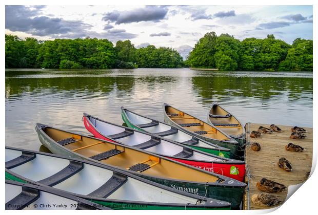 Moored canoes and kayaks Print by Chris Yaxley