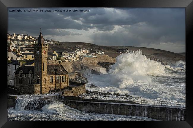 Porthleven harbour with Clock tower, Framed Print by kathy white