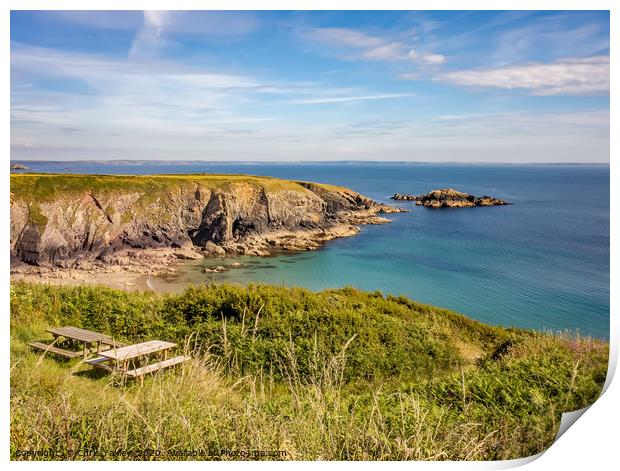 Bench with a view on the Pembrokeshire Coast Print by Chris Yaxley