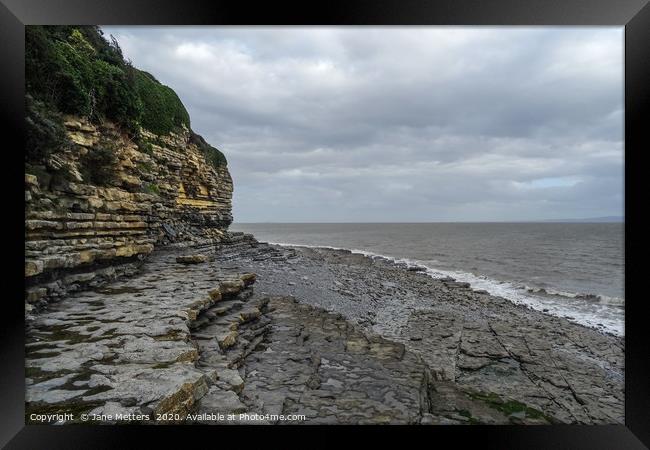 Cliffs, Sea and Rocks Framed Print by Jane Metters