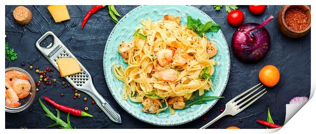 Spaghetti pasta with shrimps Print by Mykola Lunov Mykola