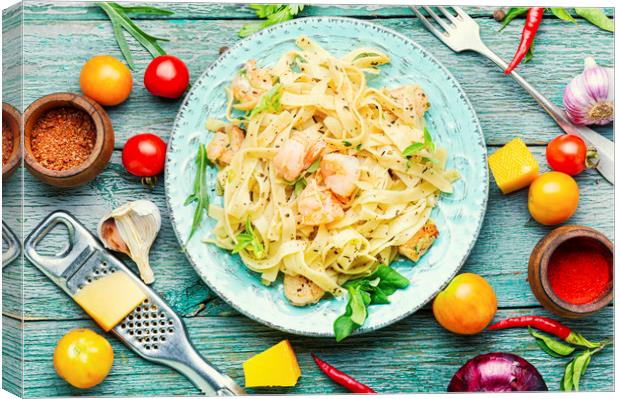 Spaghetti pasta with shrimps Canvas Print by Mykola Lunov Mykola