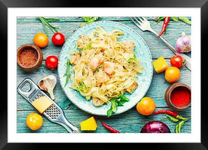 Spaghetti pasta with shrimps Framed Mounted Print by Mykola Lunov Mykola
