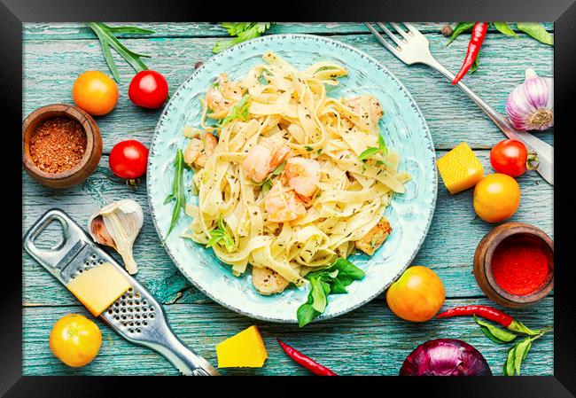Spaghetti pasta with shrimps Framed Print by Mykola Lunov Mykola