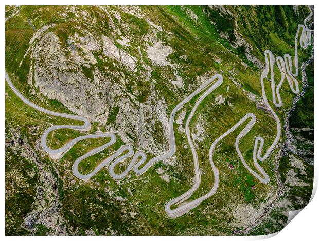 Famous Gotthard Pass in Switzerland - aerial view Print by Erik Lattwein