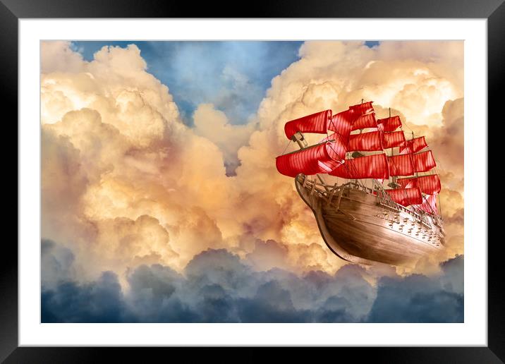 Romantic sailing ship flying in sunset clouds  Framed Mounted Print by Svetlana Radayeva