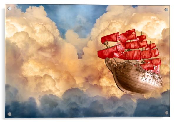 Romantic sailing ship flying in sunset clouds  Acrylic by Svetlana Radayeva