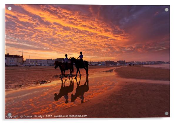 Fiery  sunset on weymouth beach horses Acrylic by Duncan Savidge