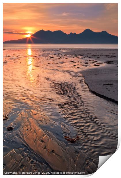 Sunset over Rum  from Laig Beach Isle of Eigg     Print by Barbara Jones