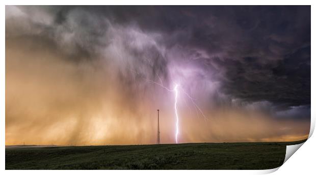 Massive Lightning Bolt next to a cell tower, USA. Print by John Finney