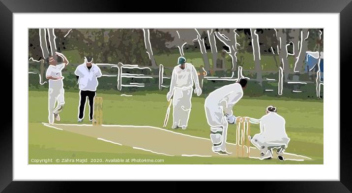 Stylized White Lined Cricket Art Framed Mounted Print by Zahra Majid