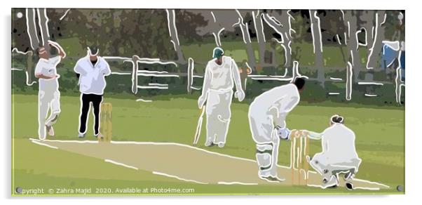 Stylized White Lined Cricket Art Acrylic by Zahra Majid