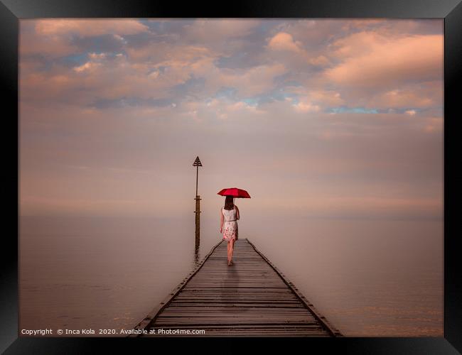 Solitude at the End of the Pier - autumnal tones Framed Print by Inca Kala
