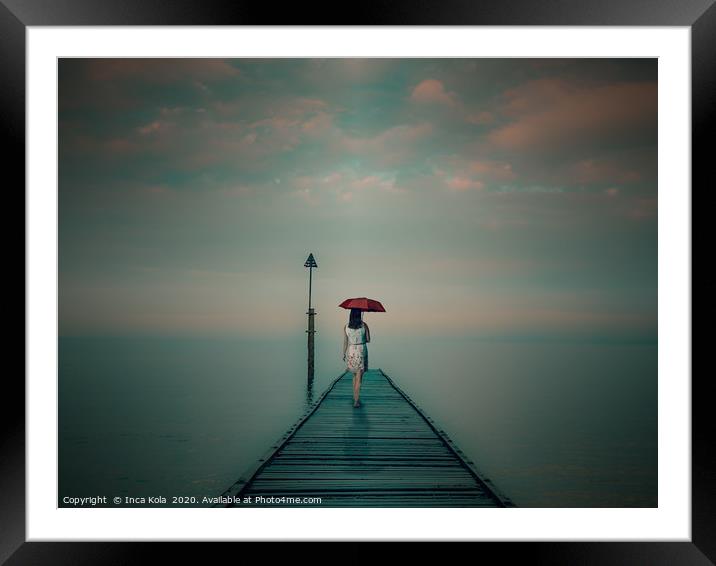 Solitude at the End of the Pier - teal and orange  Framed Mounted Print by Inca Kala