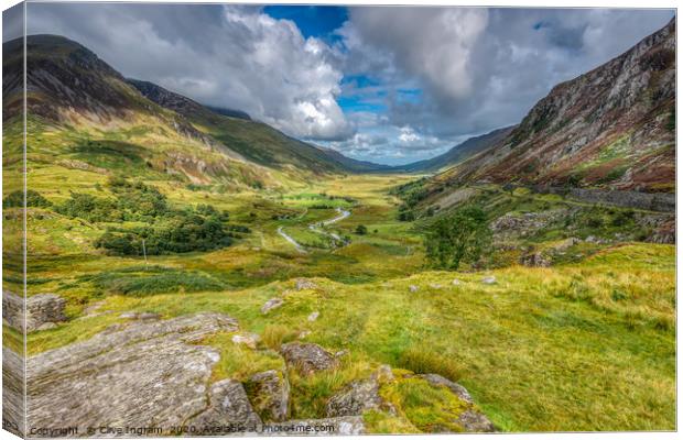 View down Wales' beautiful Ogwen Valley. Canvas Print by Clive Ingram