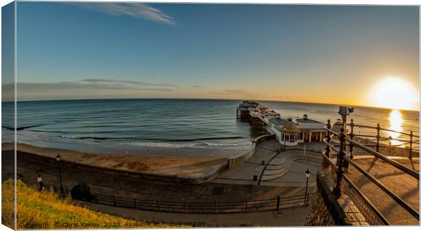 Fish eye view of Cromer pier at sunrise from above Canvas Print by Chris Yaxley