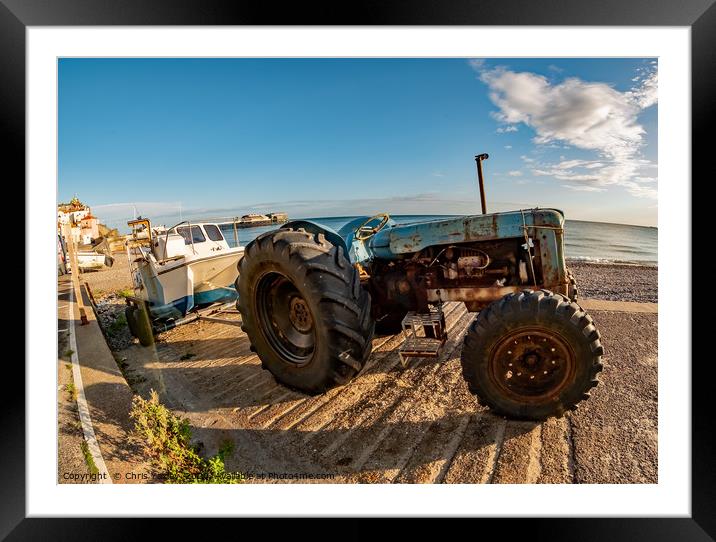 Fisheye view of a tractor, trailer and fishing boa Framed Mounted Print by Chris Yaxley